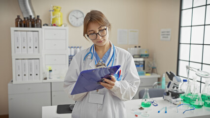 A young caucasian woman doctor reviews a medical chart in a bright hospital laboratory