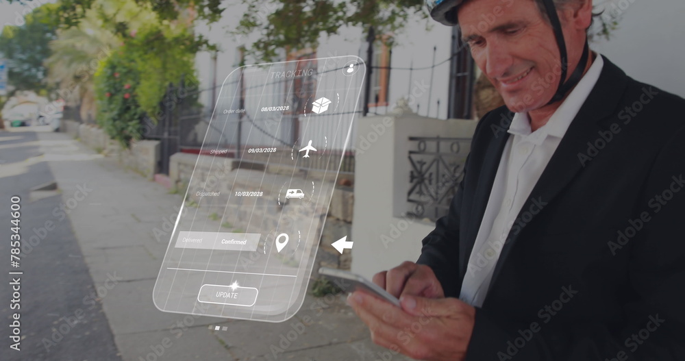 Poster image of digital interface with data processing over caucasian man using smartphone on bike