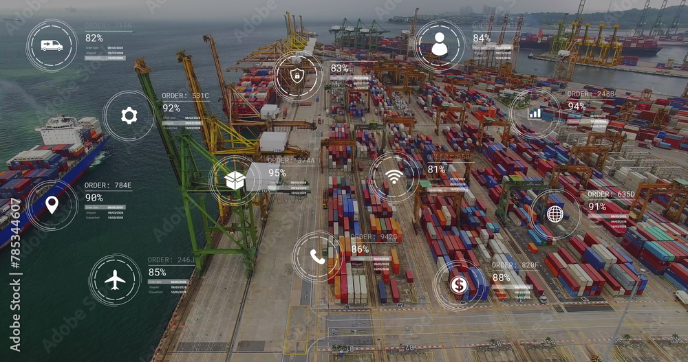 Poster image of icons with data processing over shipyard