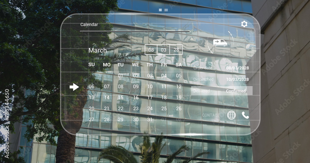 Aufkleber image of digital interface with data processing over modern office building