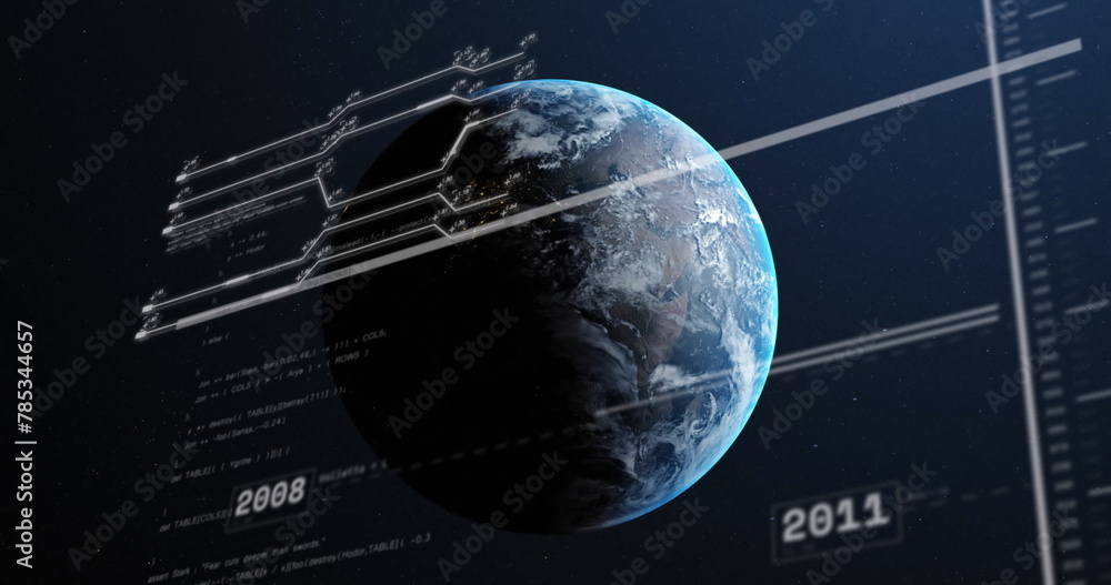 Poster image of computer language with circuit board pattern and numbers over circles on globe
