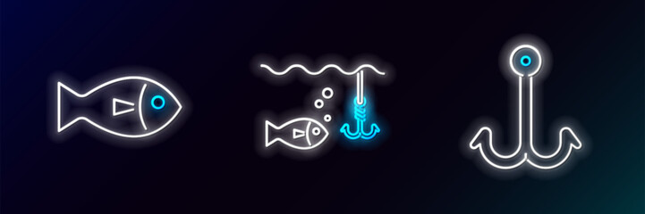 Set line Fishing hook, and under water with fish icon. Glowing neon. Vector