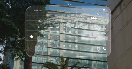 Image of digital interface with data processing over modern office building