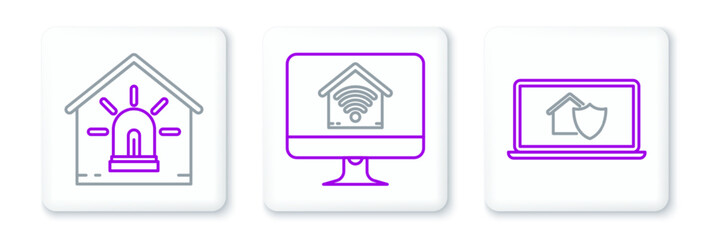 Set line Laptop with house under protection, Smart and alarm and Computer monitor smart home wi-fi icon. Vector