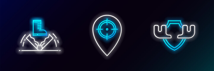 Set line Moose horns on shield, Trap hunting and Hunt place icon. Glowing neon. Vector