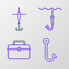 Set line Fishing hook, Case or box container for wobbler and gear fishing equipment, under water and float icon. Vector