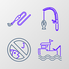 Set line Fishing boat with fishing rod on water, No, and and line hook float icon. Vector