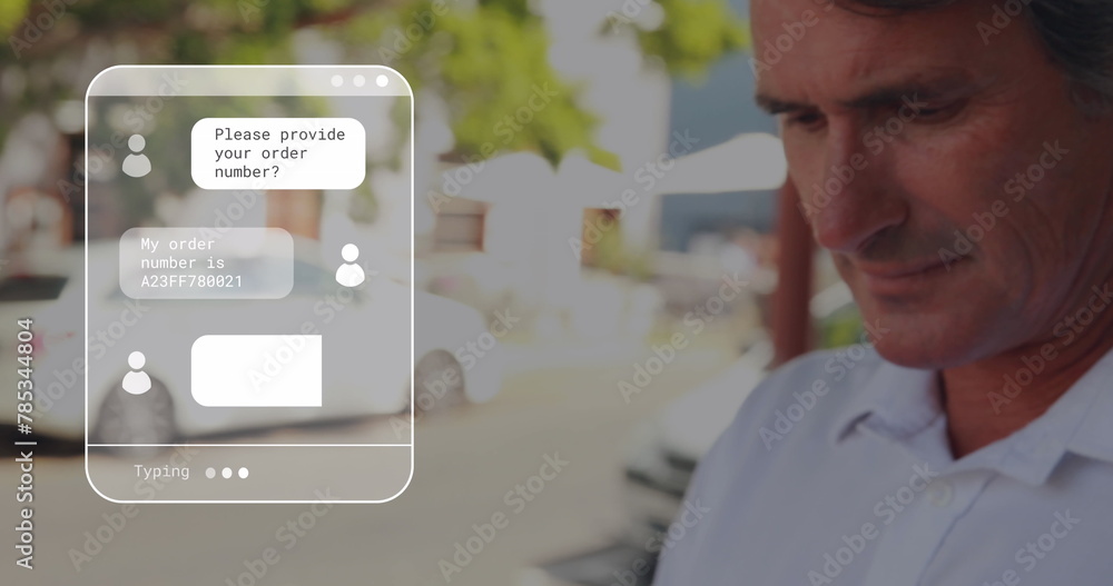 Poster image of digital interface with online communicator over man using smartphone