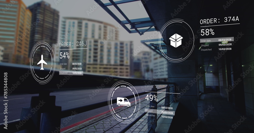 Poster image of icons with data processing over cityscape
