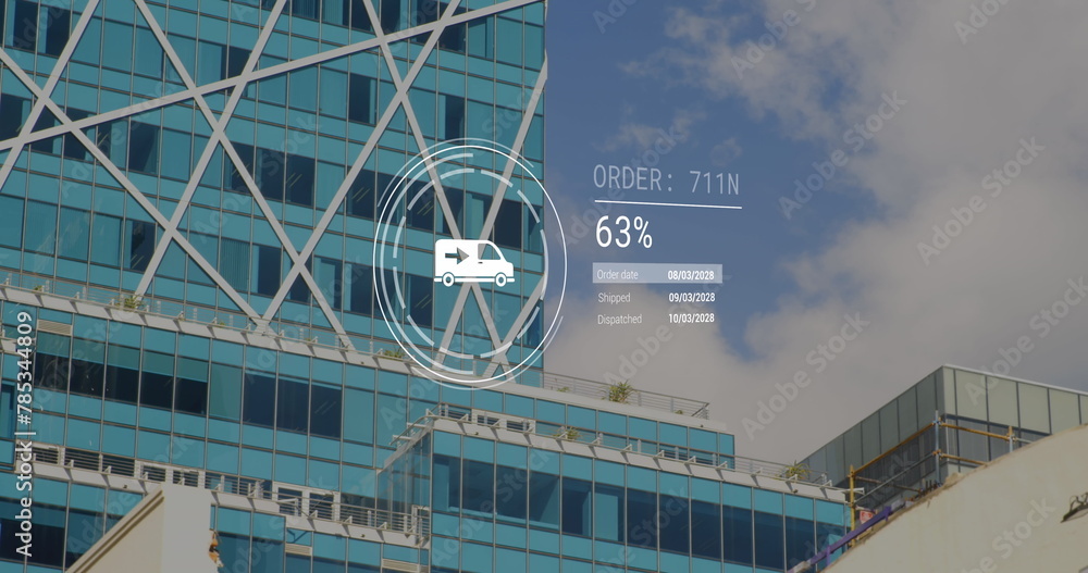 Aufkleber image of icons with data processing over modern office building