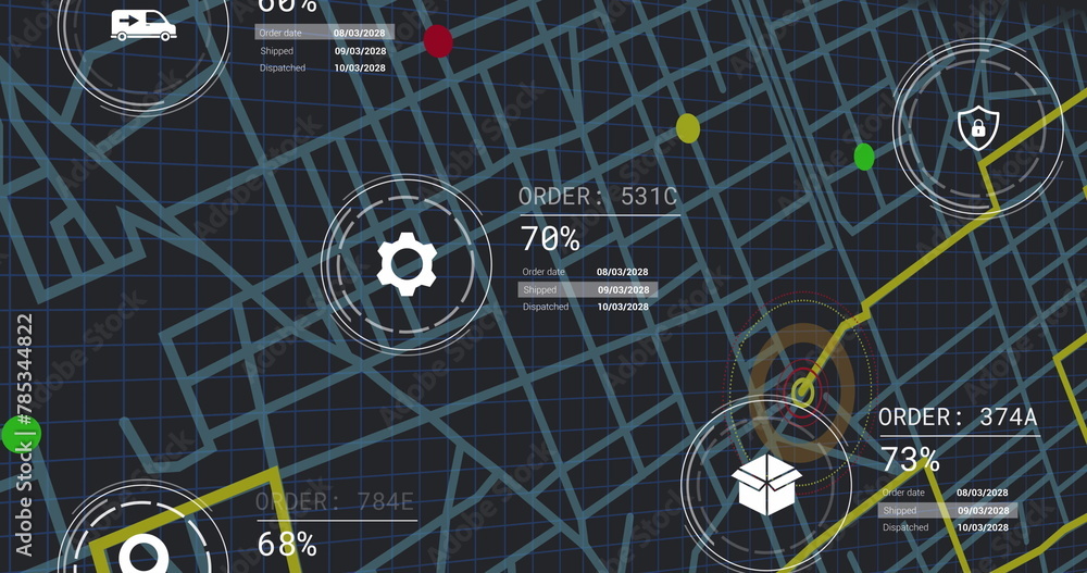 Aufkleber image of icons with data processing over city map
