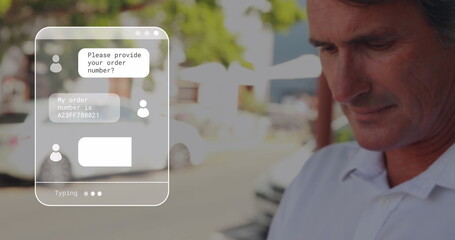 Fototapeta na wymiar Image of digital interface with online communicator over man using smartphone