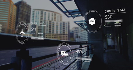 Image of icons with data processing over cityscape