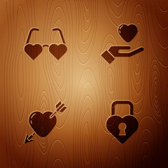 Set Castle in the shape of heart, Heart shaped love glasses, Amour with and arrow and hand on wooden background. Vector