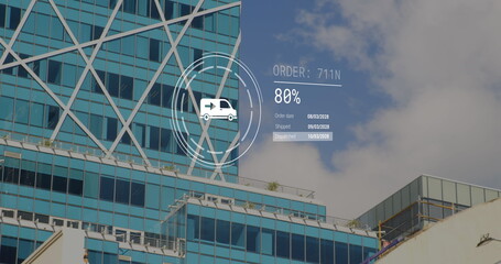 Image of icons with data processing over modern office building