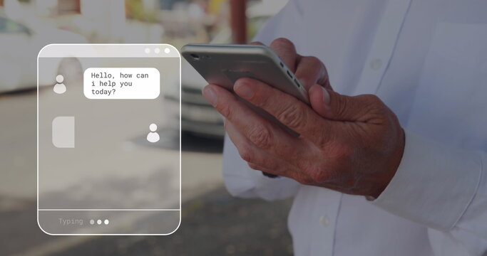 Image of digital interface with online communicator over man using smartphone