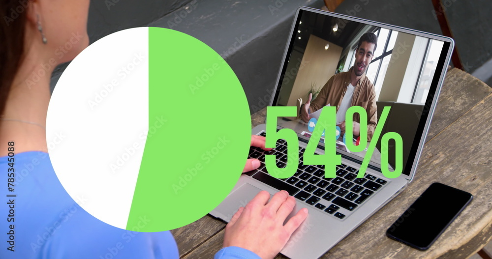 Poster image of pie graph filling up icon with increasing percentage over woman having image call