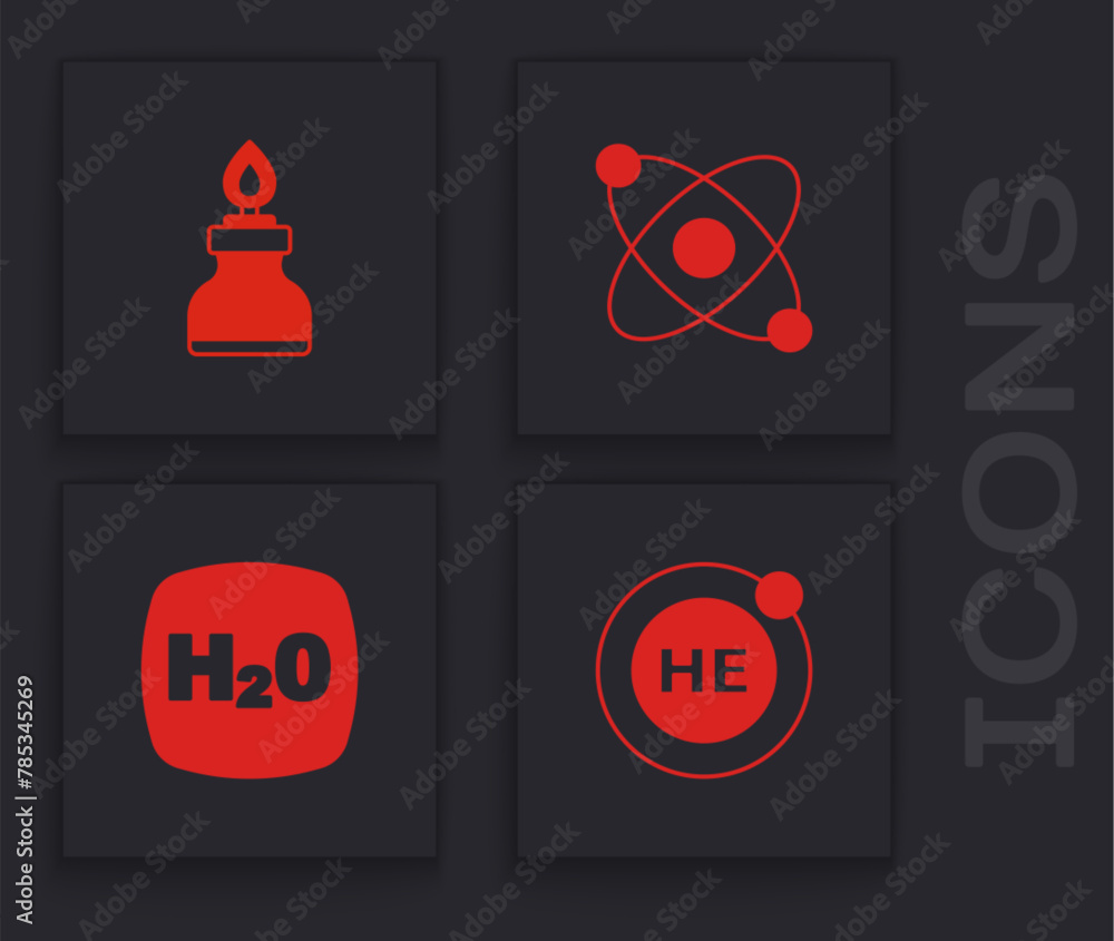 Wall mural set helium, alcohol or spirit burner, atom and chemical formula h2o icon. vector