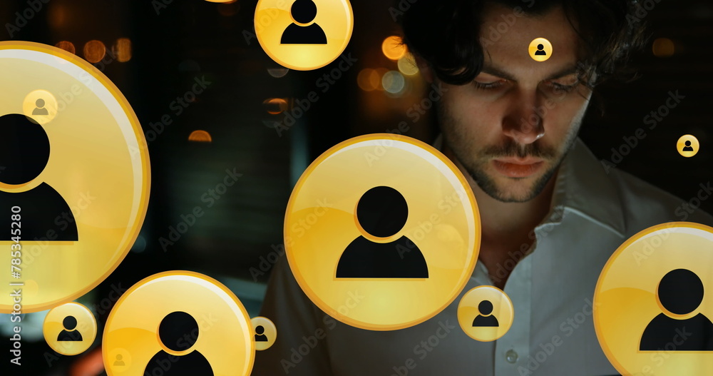 Poster image of digital icons with data processing over caucasian businessman in office