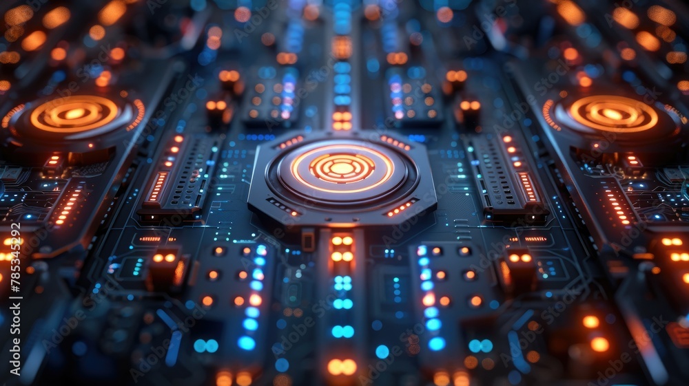 Poster futuristic circuit board with glowing elements - vivid blue and orange circuitry with a central circ