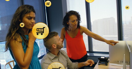 Image of digital icons with data processing over diverse business people in office