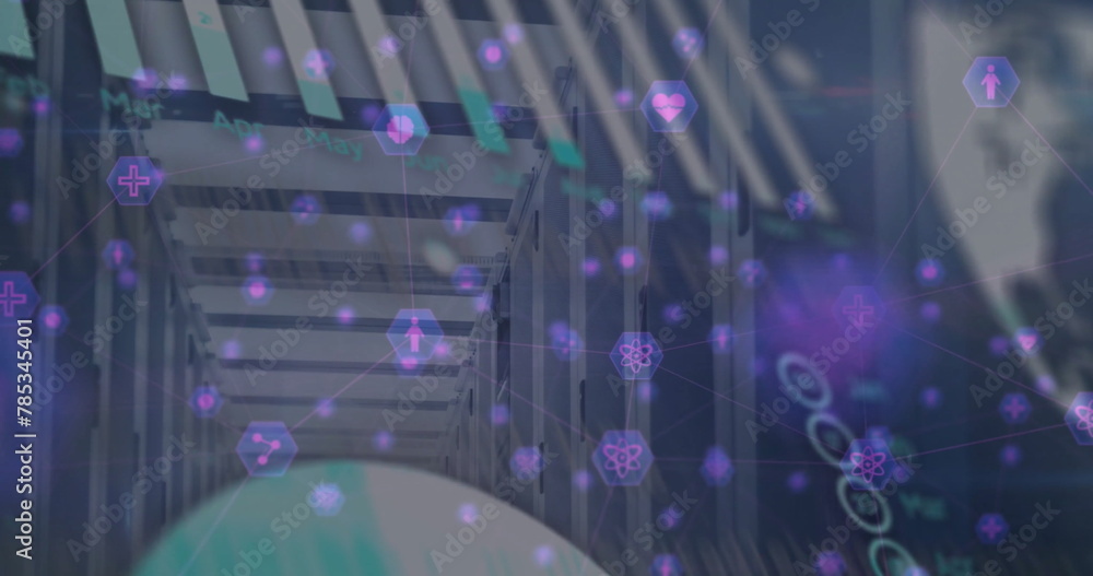 Poster image of globe and charts processing data over server room