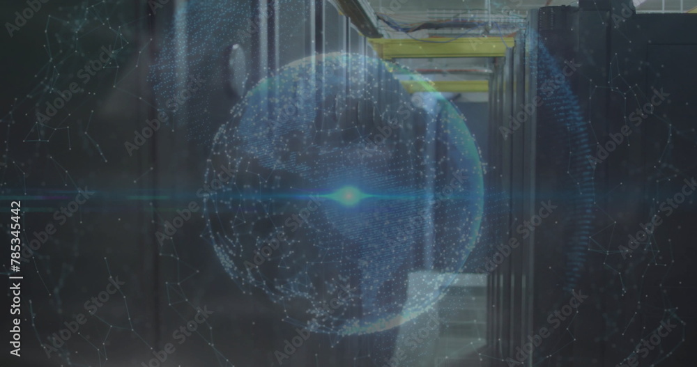 Poster image of glowing global network over computer server room