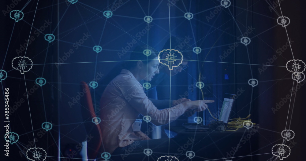 Poster image of ai brains over caucasian female technician working with computer in server room