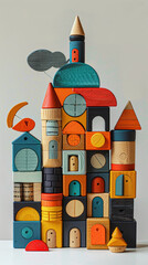 A colorful building made of wooden blocks. The blocks are stacked on top of each other to create a tall structure. The building has a whimsical and playful appearance, with various colors and shapes