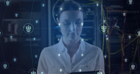 Image of ai chatbot icons over caucasian female technician working in server room