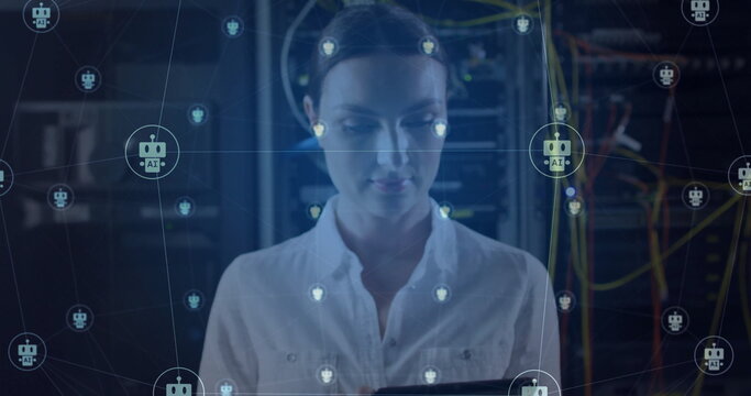 Image of ai chatbot icons over caucasian female technician working in server room