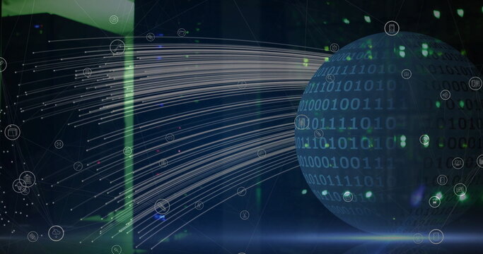 Image of globe of binary coding transferring data streams over dark computer server room - Powered by Adobe