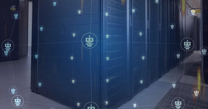 Image of ai chatbot icons and glowing data streams over computer server room