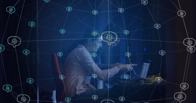 Image of ai brains over caucasian female technician working with computer in server room