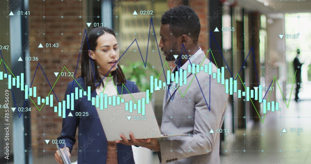 Aufkleber image of multiple graphs with changing numbers, diverse coworkers discussing reports on laptop