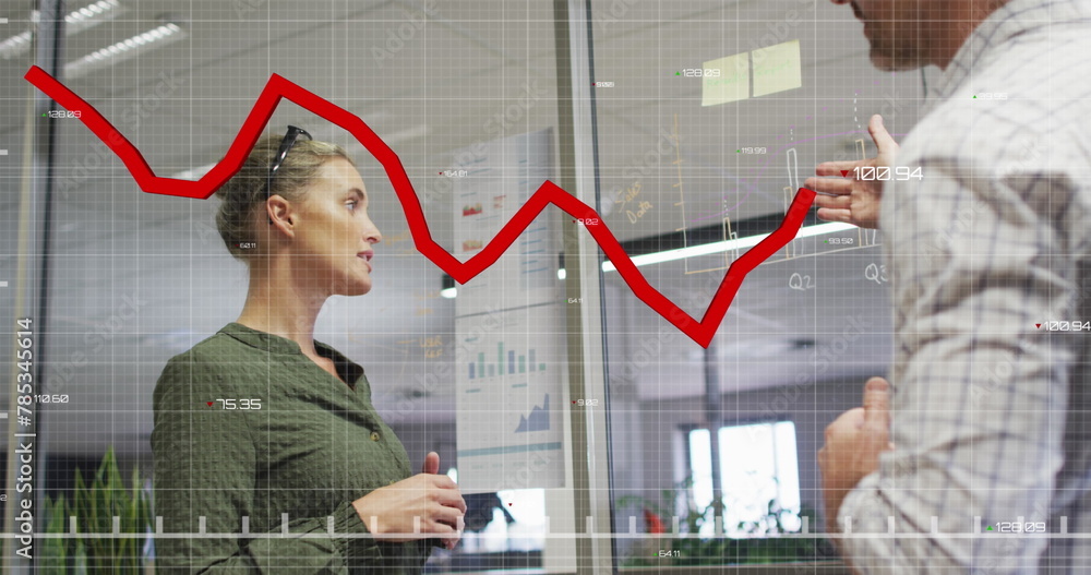 Poster image of graphs with changing numbers over caucasian coworkers analyzing reports in office