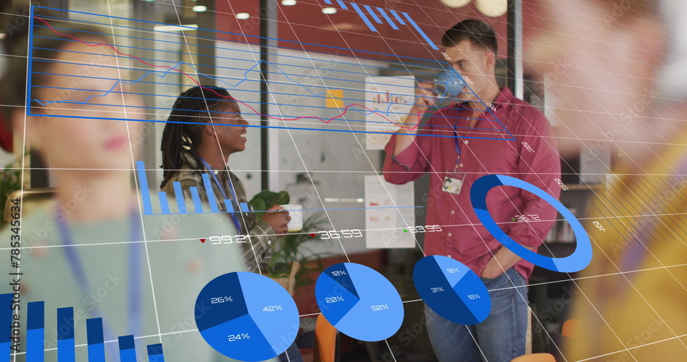 Aufkleber image of multiple graphs, changing numbers over diverse coworkers discussing while drinking tea