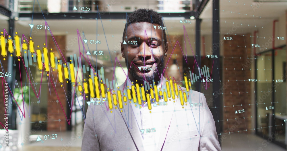 Sticker Image of multiple graphs with changing numbers over smiling african american man