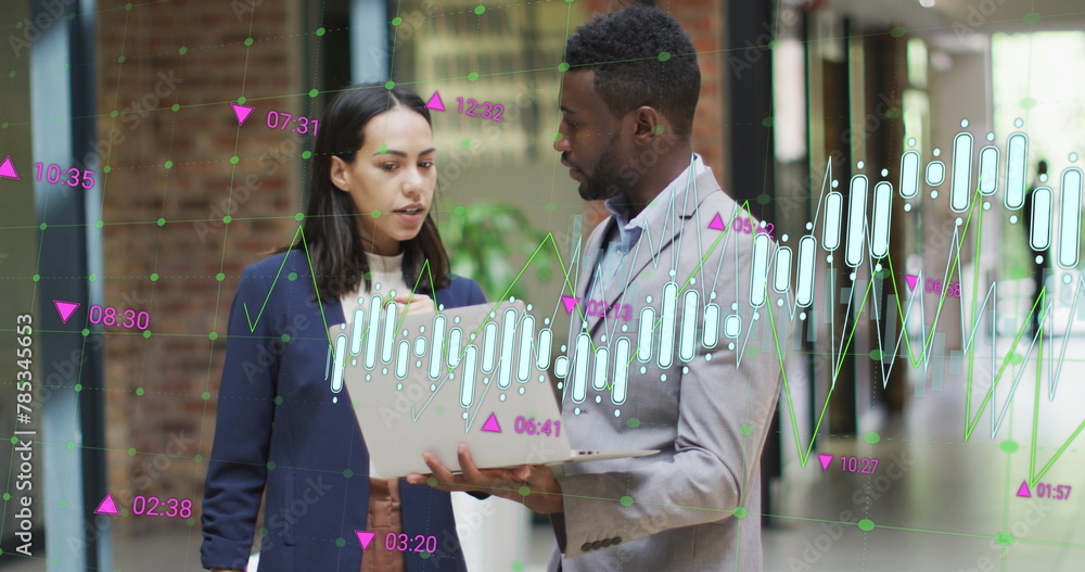 Poster image of multiple graphs with changing numbers, diverse coworkers discussing reports on laptop