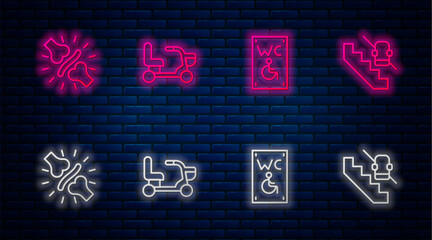 Set line Electric wheelchair, Separated toilet for disabled, Joint pain, knee pain and Disabled elevator. Glowing neon icon on brick wall. Vector