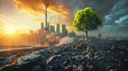 Standalone tree in split landscape of urban versus barren land - Stark contrast between a single vibrant tree in a desolate wasteland and a bustling modern city skyline in the background - obrazy, fototapety, plakaty
