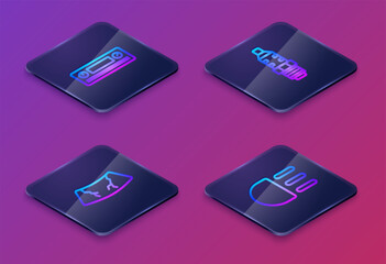 Set Isometric line Car Audio, Broken windshield, spark plug and High beam. Blue square button. Vector