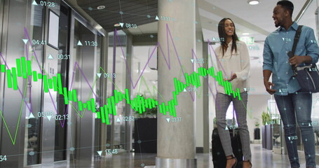 Image of graphs, numbers, diverse coworkers with bags discussing and walking towards elevator