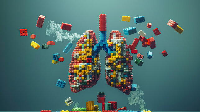 A lung made of legos is shown with a lot of blocks falling out of it. The lung is surrounded by a lot of blocks, and it looks like it's being blown apart. The image has a chaotic