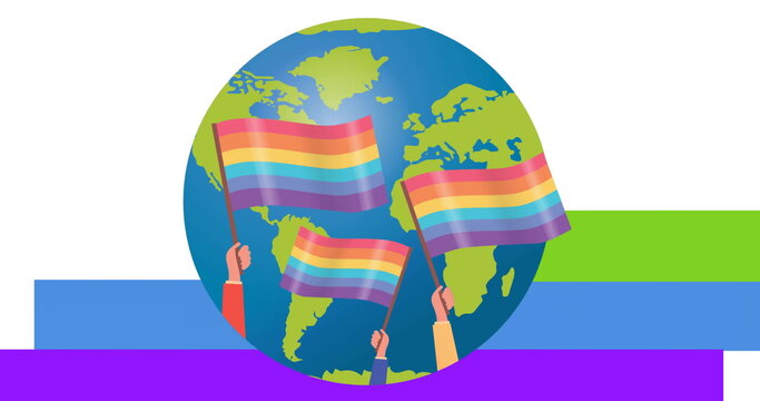 Image of globe with rainbow flags over rainbow colours on white background