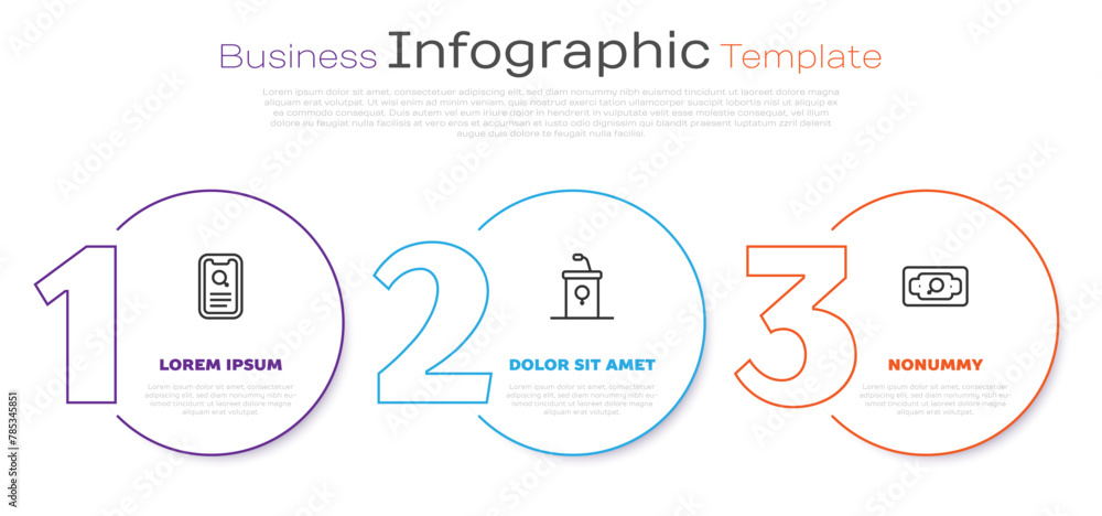 Wall mural Set line Dating app, Debate podium rostrum and Money growth woman. Business infographic template. Vector