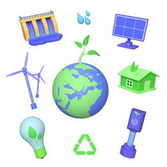 Renewable energy and planet earth. The concept of the problem of ecology, generation and economy of green energy for graphic and web design. 3d rendering