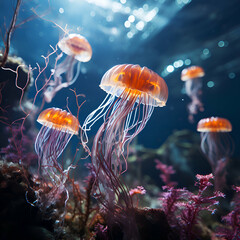 Beautiful jellyfish swimming in the aquarium. Underwater world.