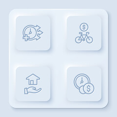 Set line Clock, Bicycle rental mobile app, Realtor and Time is money. White square button. Vector