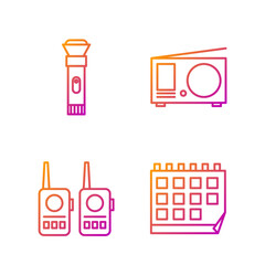 Set line Calendar, Walkie talkie, Flashlight and Radio with antenna. Gradient color icons. Vector